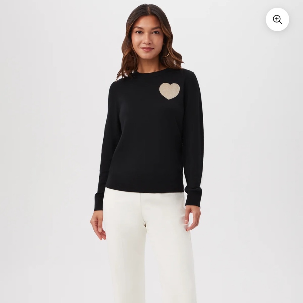 Trina Turk Black Crewneck Sweater with Gold Heart Merino Wool